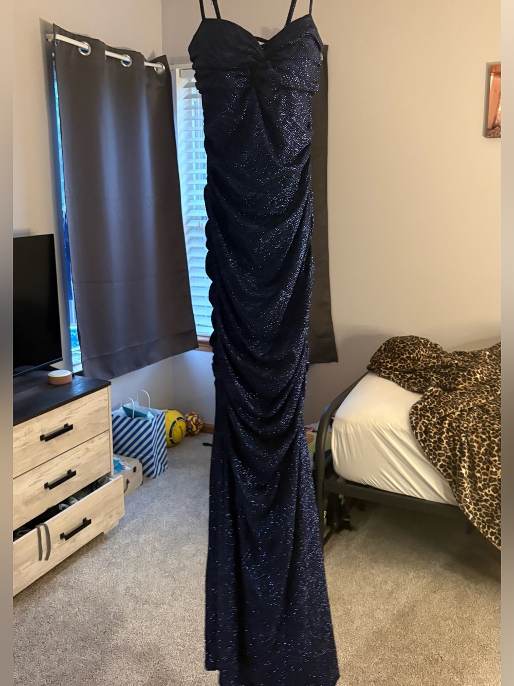 Windsor Navy Sparkle Ruched Prom Gown - Picture 2 of 7